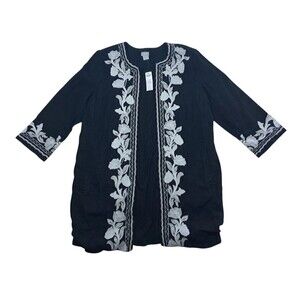 NWT Chico's Floral Linen Jacket Topper Black Embroidered Women's 1 Medium‎